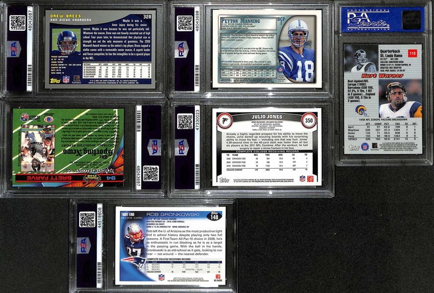 Lot of (6) Modern Football PSA Graded Hall of Fame and Superstar Rookies inc. 2001 Topps Drew Brees (PSA 9), 1998 Bowman Chrome Preview Peyton Manning (PSA 9), 1999 Bowman's Best Kurt Warner (PSA...